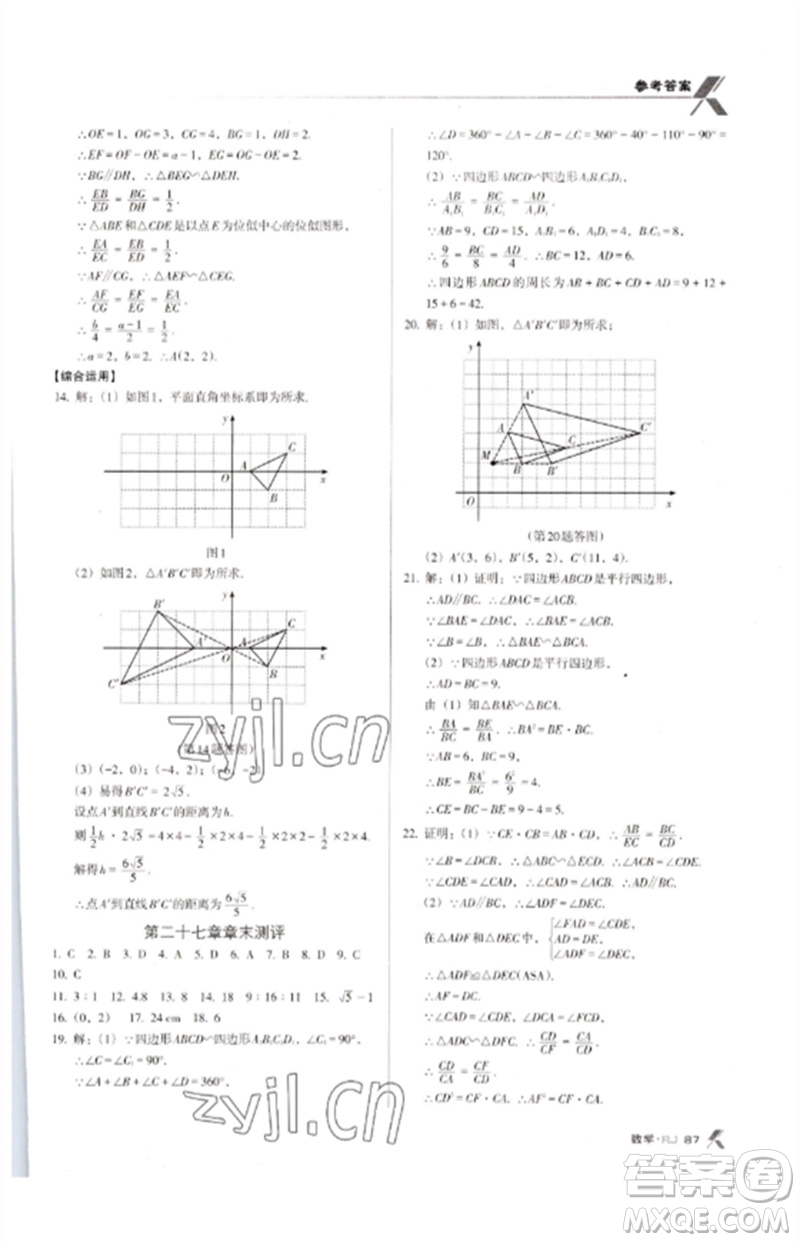 廣東經(jīng)濟(jì)出版社2023全優(yōu)點(diǎn)練課計(jì)劃九年級數(shù)學(xué)下冊人教版參考答案