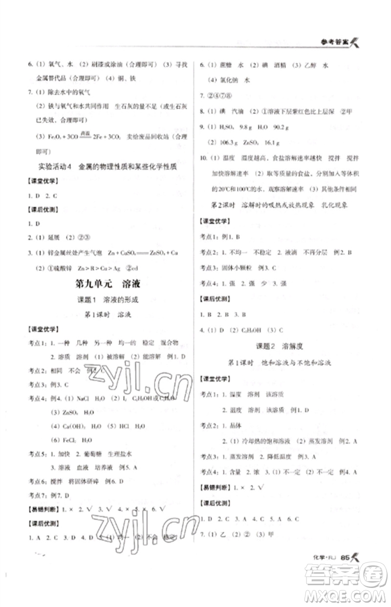 廣東經濟出版社2023全優(yōu)點練課計劃九年級化學下冊人教版參考答案