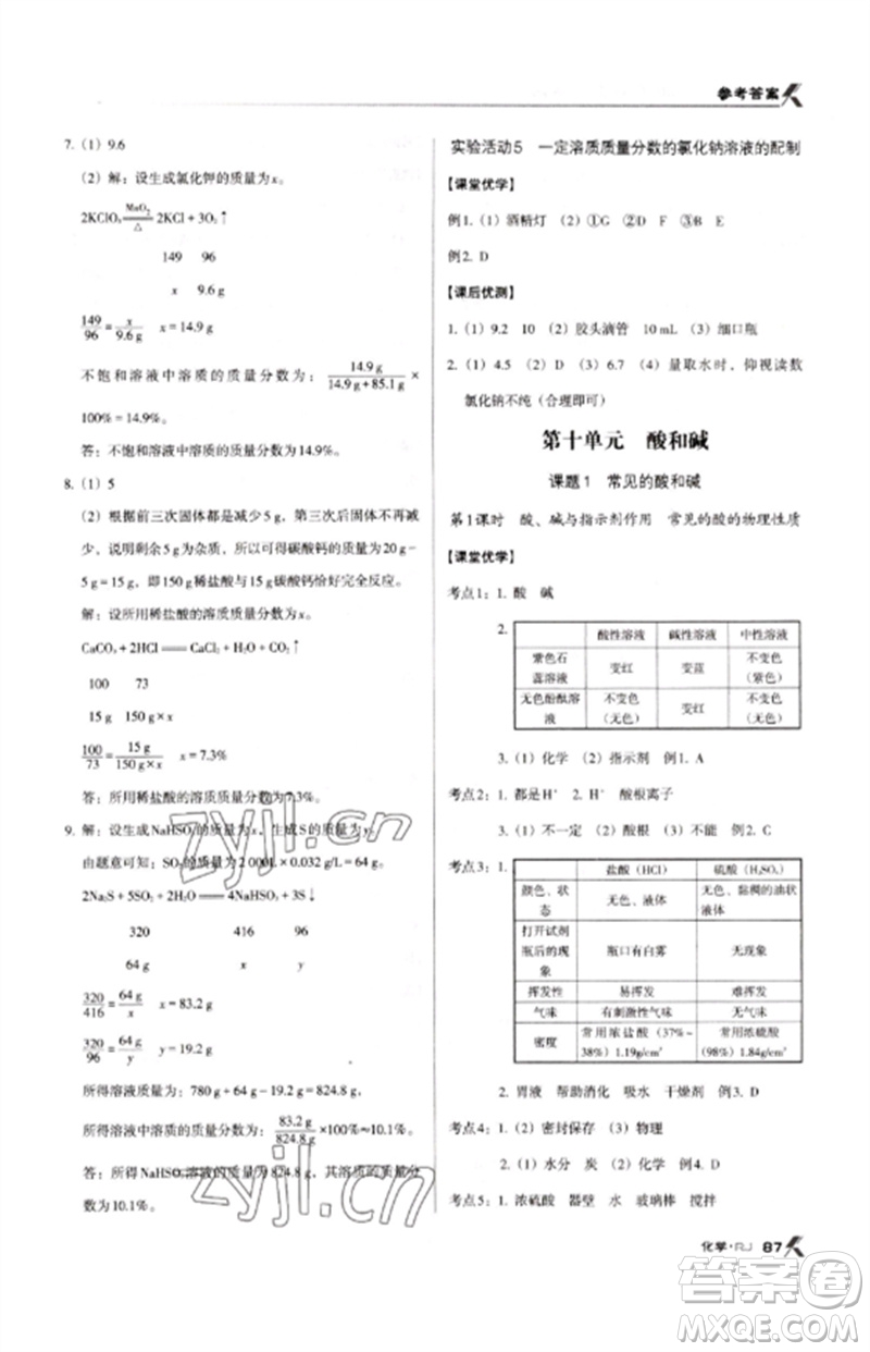 廣東經濟出版社2023全優(yōu)點練課計劃九年級化學下冊人教版參考答案