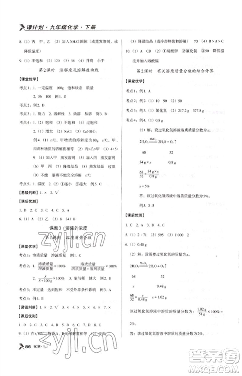 廣東經濟出版社2023全優(yōu)點練課計劃九年級化學下冊人教版參考答案
