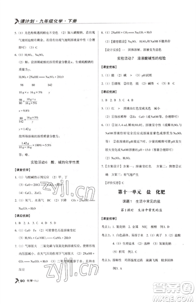 廣東經濟出版社2023全優(yōu)點練課計劃九年級化學下冊人教版參考答案