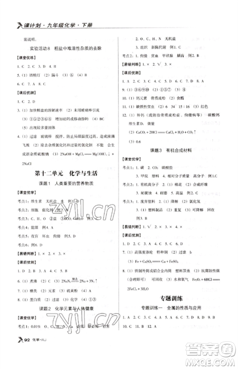 廣東經濟出版社2023全優(yōu)點練課計劃九年級化學下冊人教版參考答案