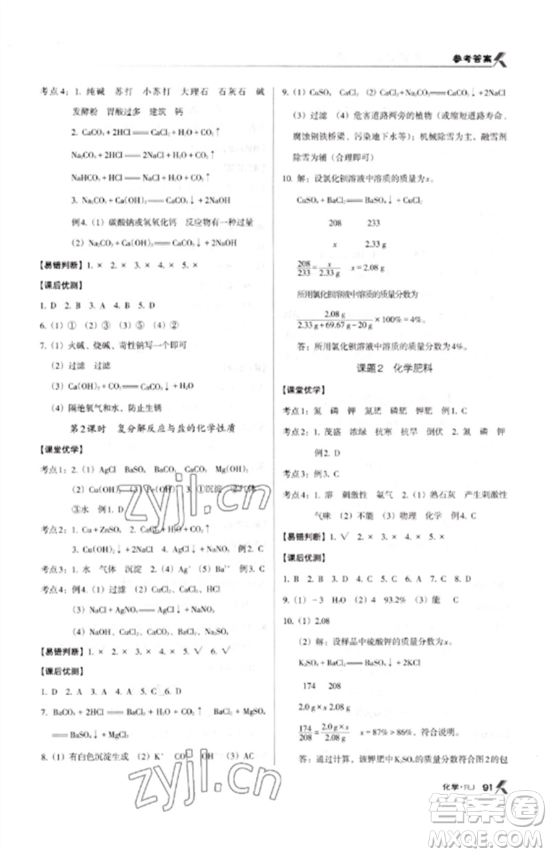 廣東經濟出版社2023全優(yōu)點練課計劃九年級化學下冊人教版參考答案