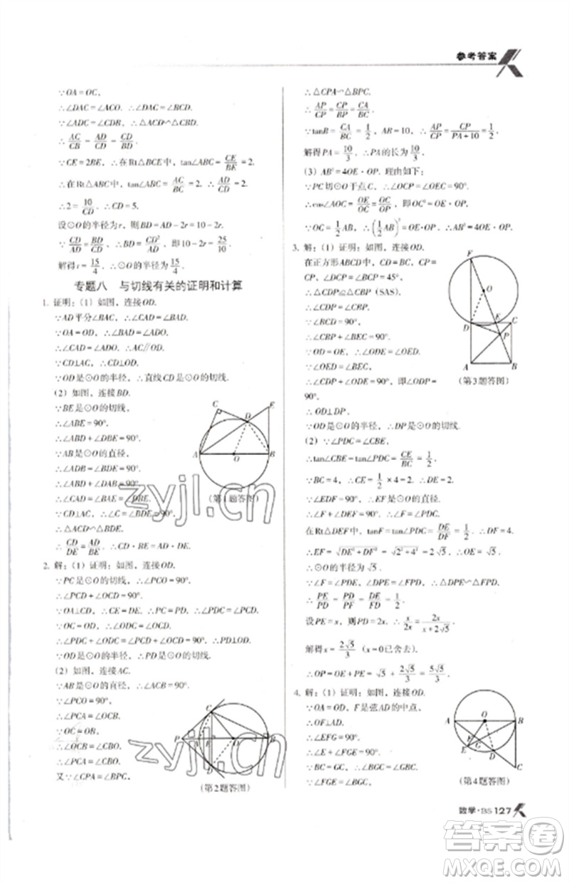 廣東經(jīng)濟(jì)出版社2023全優(yōu)點(diǎn)練課計(jì)劃九年級(jí)數(shù)學(xué)下冊(cè)北師大版參考答案