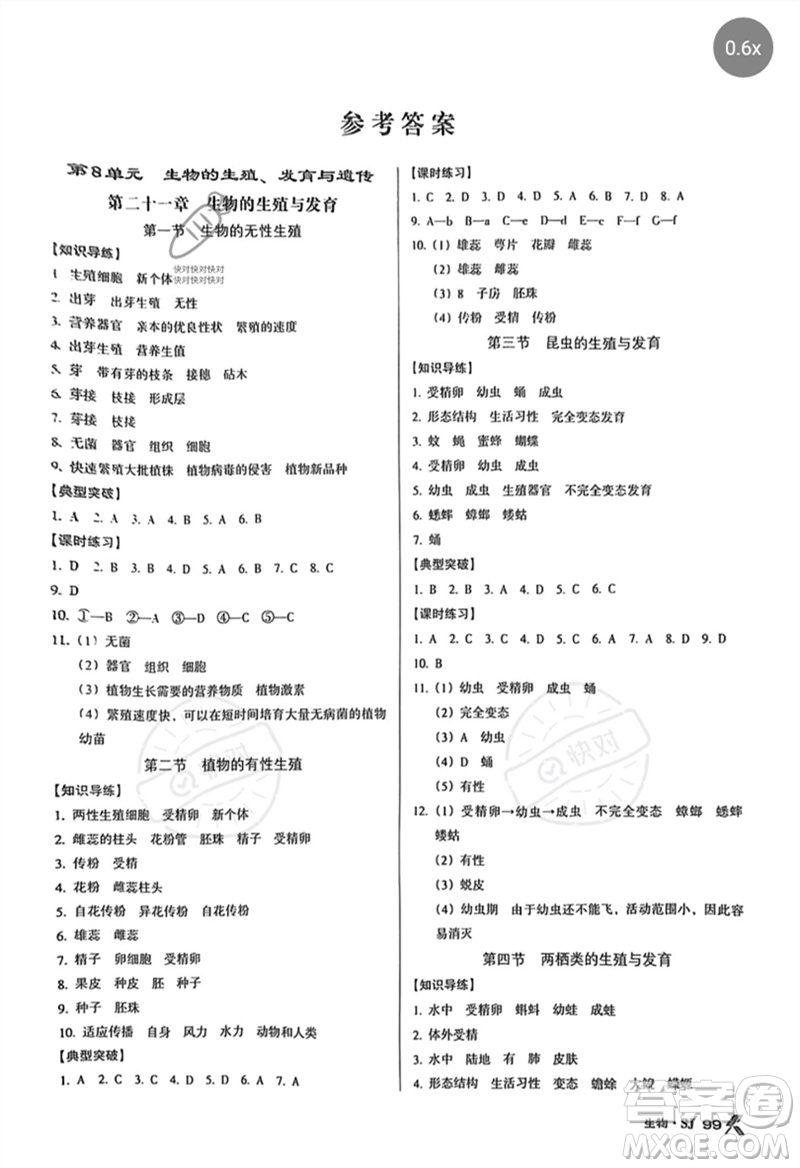 廣東經(jīng)濟(jì)出版社2023全優(yōu)點(diǎn)練課計(jì)劃八年級生物下冊蘇教版參考答案