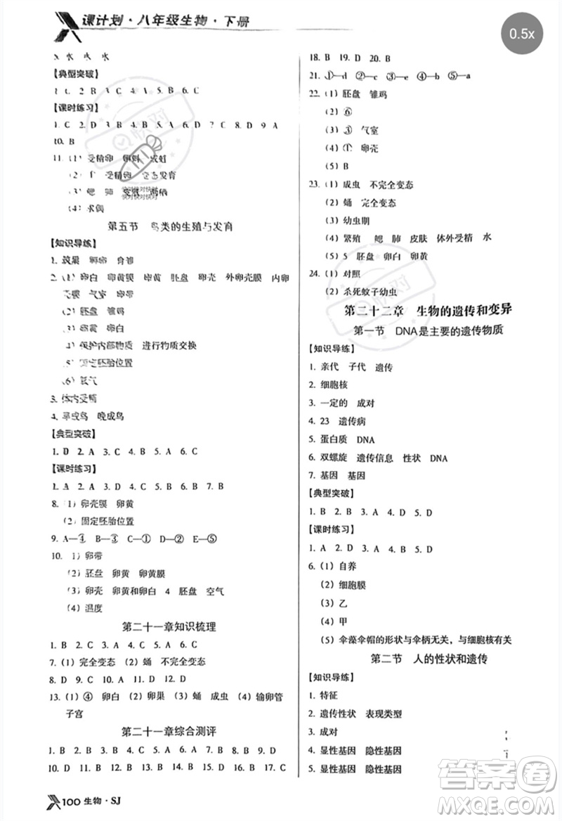 廣東經(jīng)濟(jì)出版社2023全優(yōu)點(diǎn)練課計(jì)劃八年級生物下冊蘇教版參考答案