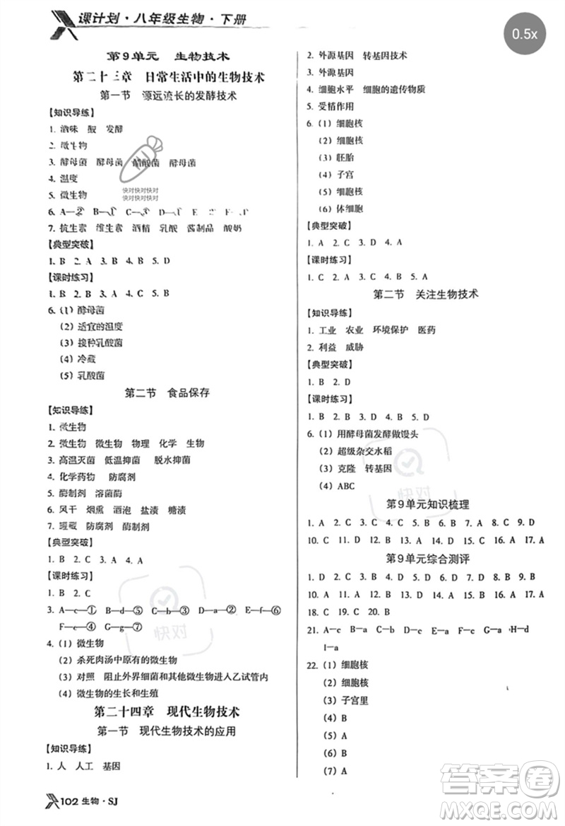 廣東經(jīng)濟(jì)出版社2023全優(yōu)點(diǎn)練課計(jì)劃八年級生物下冊蘇教版參考答案