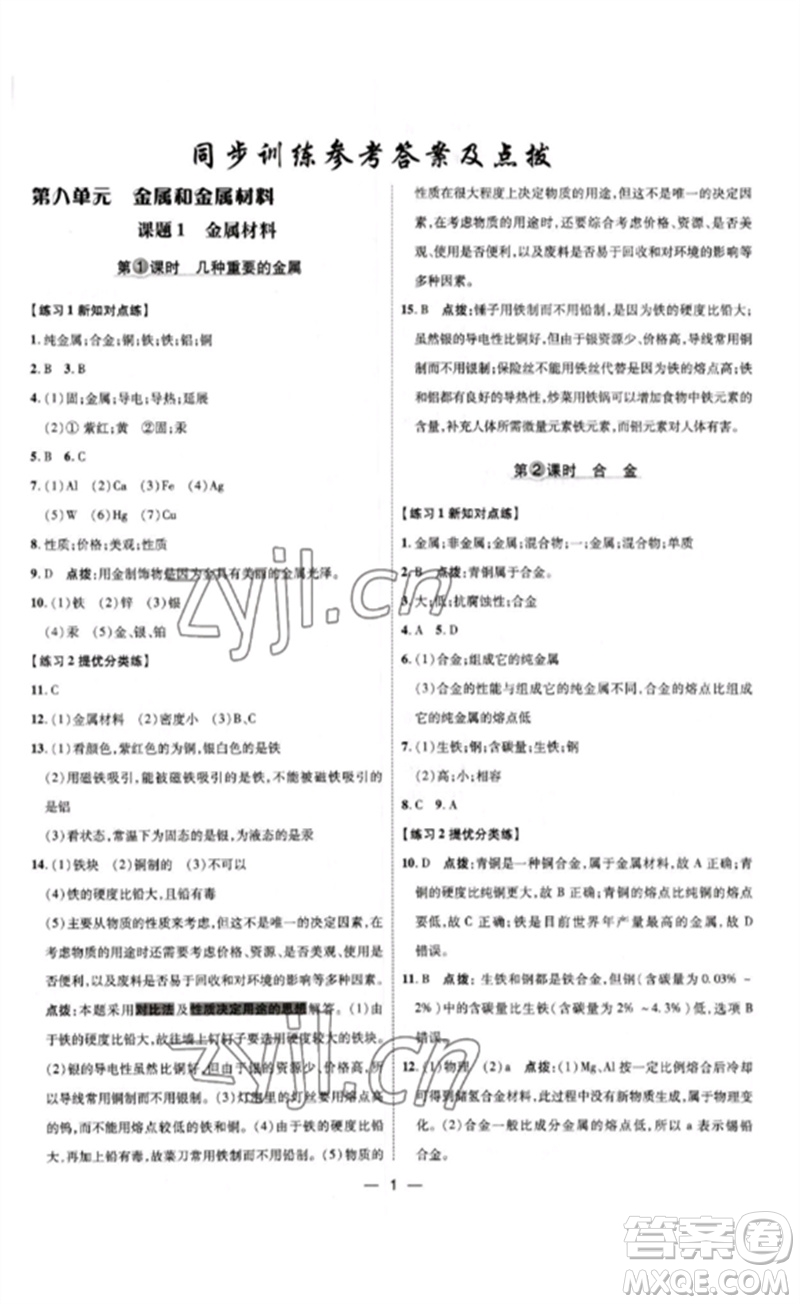 吉林教育出版社2023點撥訓(xùn)練九年級化學(xué)下冊人教版參考答案