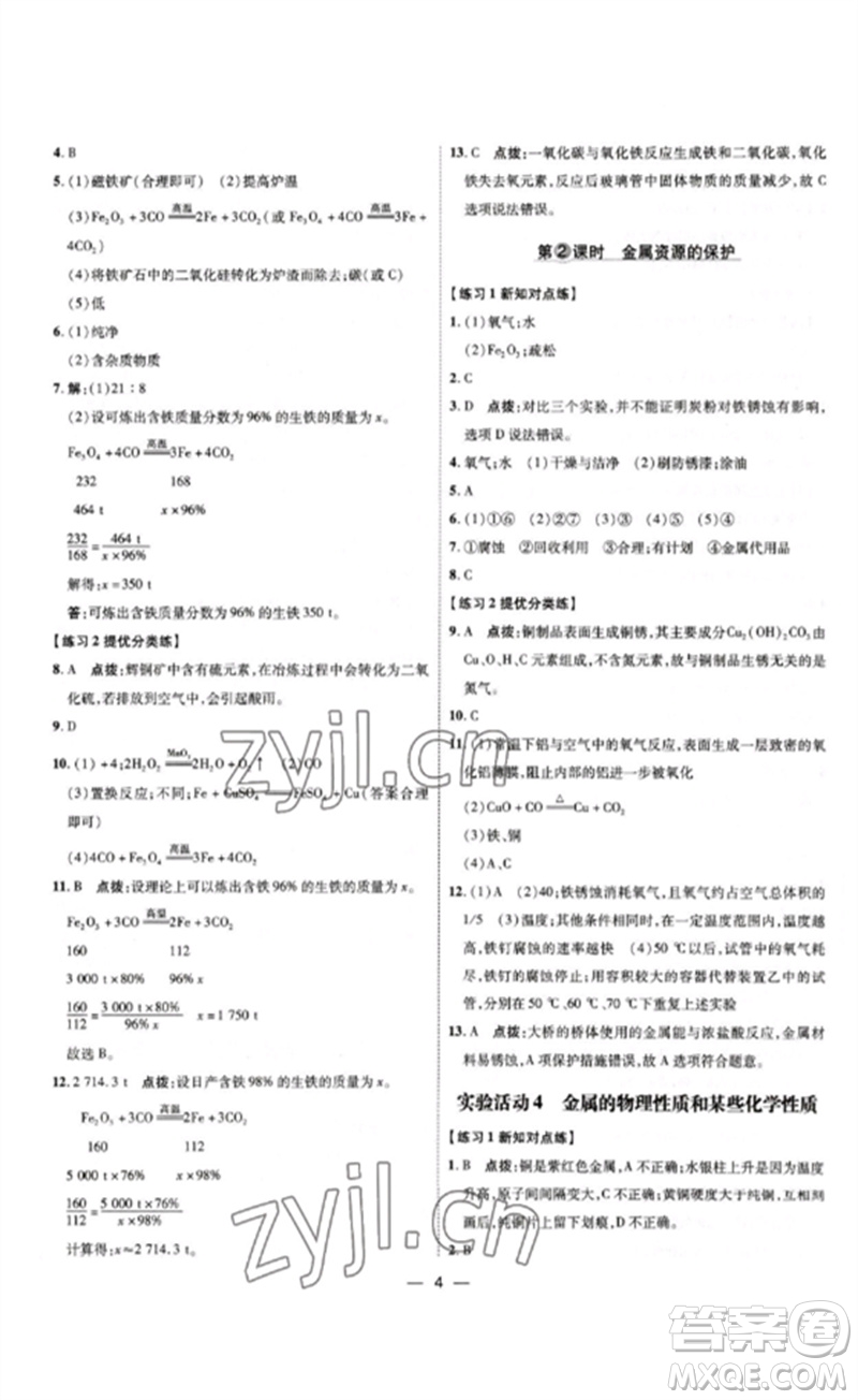 吉林教育出版社2023點撥訓(xùn)練九年級化學(xué)下冊人教版參考答案