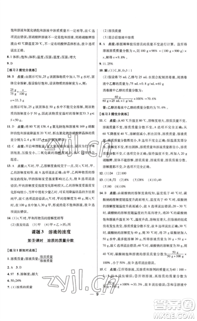 吉林教育出版社2023點撥訓(xùn)練九年級化學(xué)下冊人教版參考答案