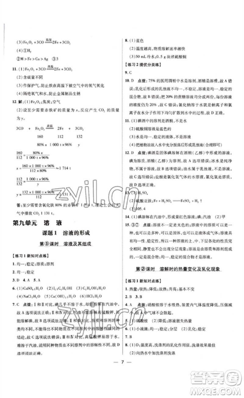 吉林教育出版社2023點撥訓(xùn)練九年級化學(xué)下冊人教版參考答案