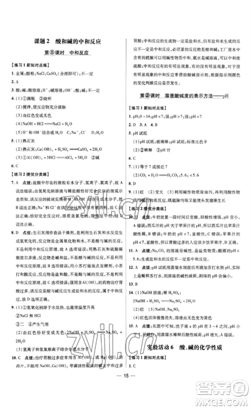 吉林教育出版社2023點撥訓(xùn)練九年級化學(xué)下冊人教版參考答案