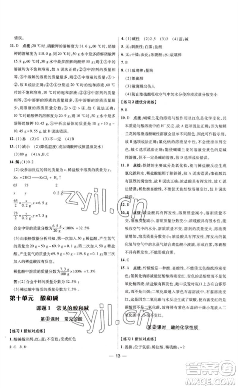 吉林教育出版社2023點撥訓(xùn)練九年級化學(xué)下冊人教版參考答案