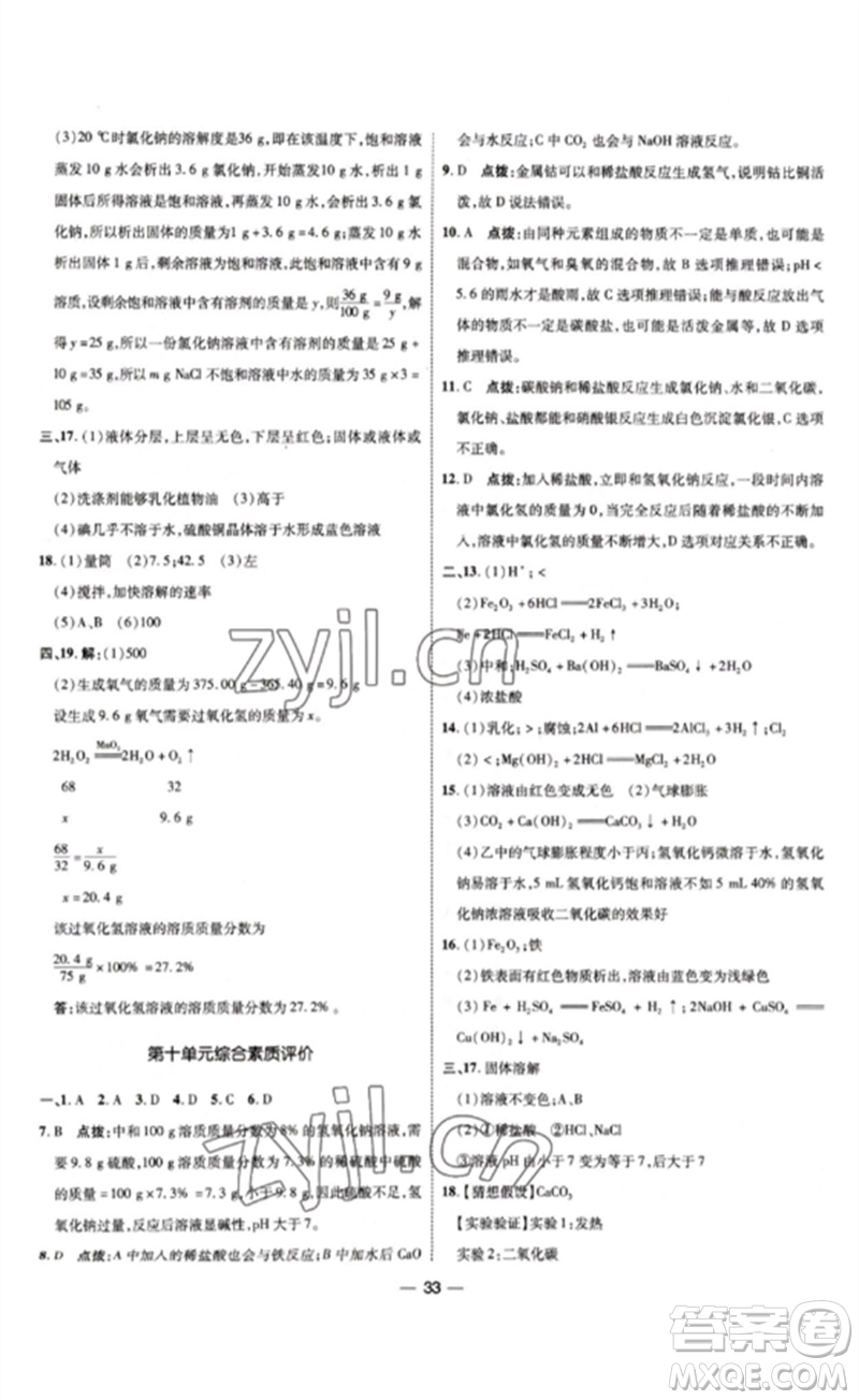 吉林教育出版社2023點撥訓(xùn)練九年級化學(xué)下冊人教版參考答案