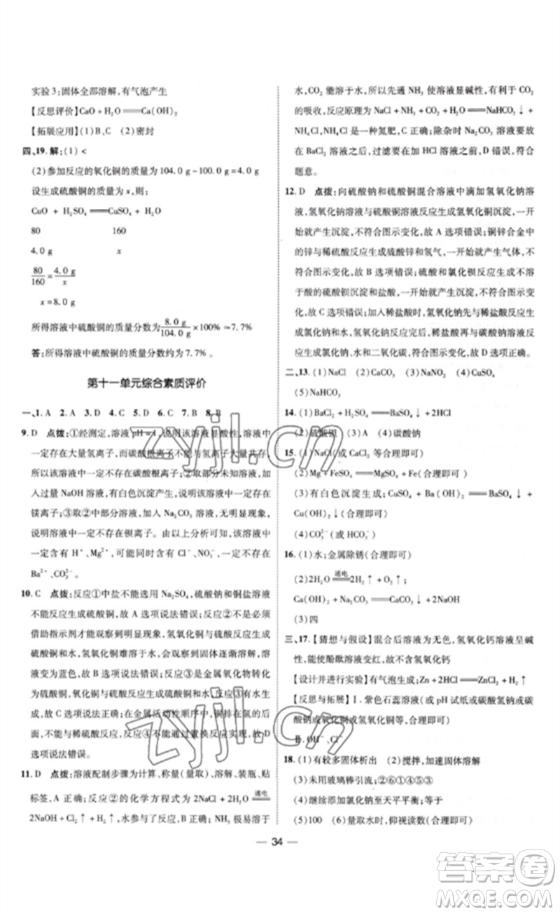 吉林教育出版社2023點撥訓(xùn)練九年級化學(xué)下冊人教版參考答案