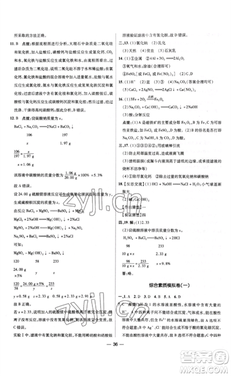 吉林教育出版社2023點撥訓(xùn)練九年級化學(xué)下冊人教版參考答案