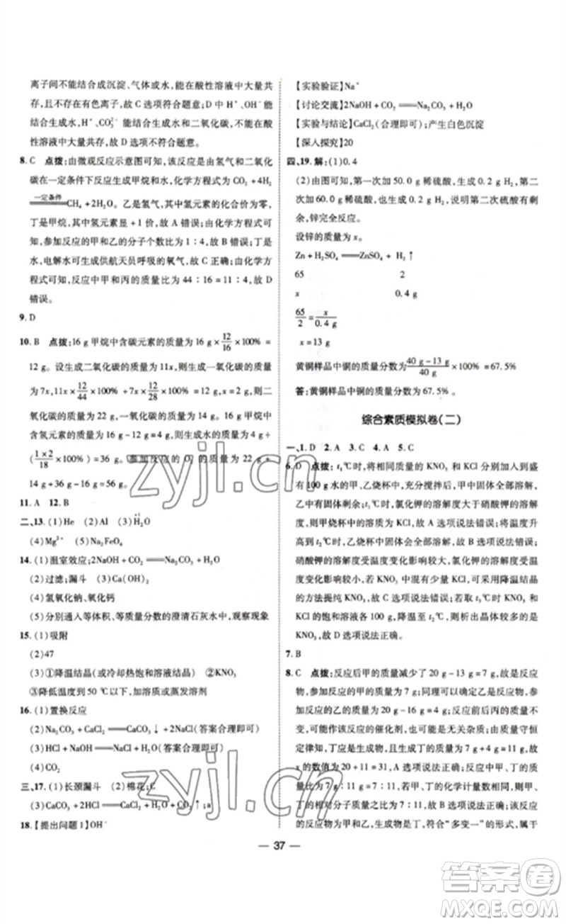 吉林教育出版社2023點撥訓(xùn)練九年級化學(xué)下冊人教版參考答案