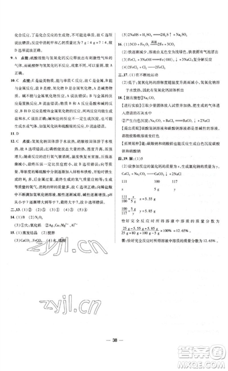 吉林教育出版社2023點撥訓(xùn)練九年級化學(xué)下冊人教版參考答案