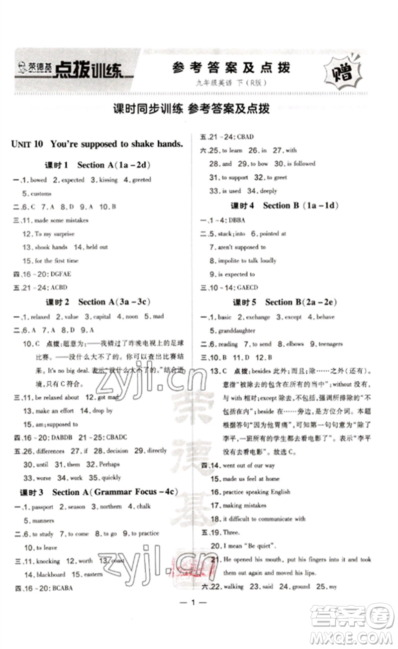 吉林教育出版社2023點(diǎn)撥訓(xùn)練九年級(jí)英語(yǔ)下冊(cè)人教版參考答案
