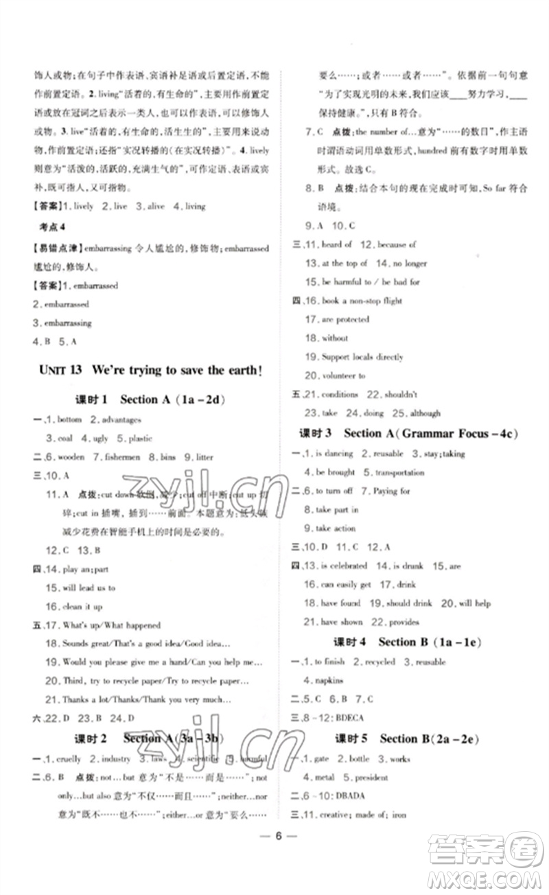 吉林教育出版社2023點(diǎn)撥訓(xùn)練九年級(jí)英語(yǔ)下冊(cè)人教版參考答案