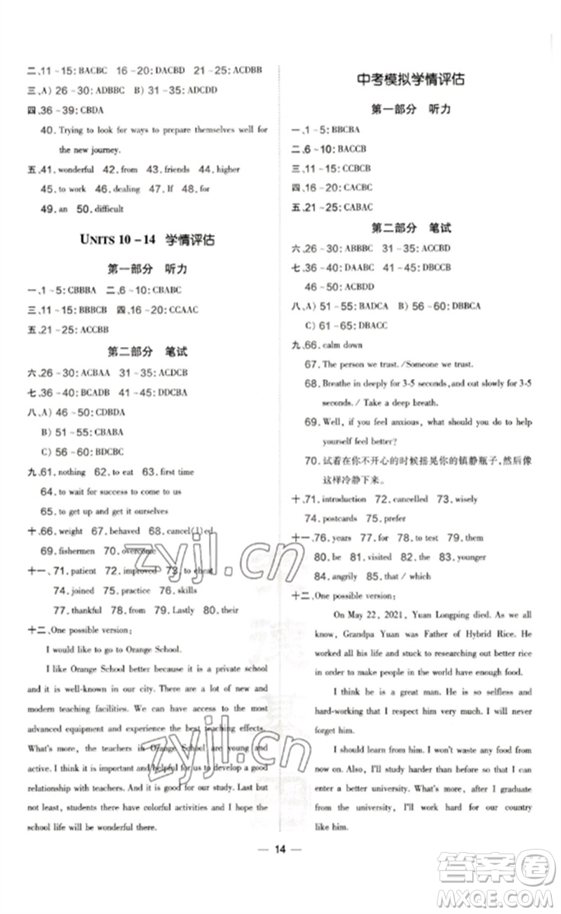 吉林教育出版社2023點(diǎn)撥訓(xùn)練九年級(jí)英語(yǔ)下冊(cè)人教版參考答案