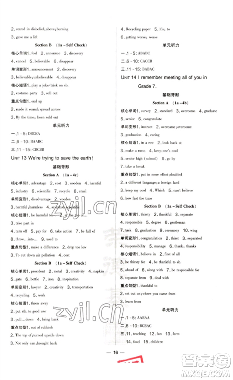 吉林教育出版社2023點(diǎn)撥訓(xùn)練九年級(jí)英語(yǔ)下冊(cè)人教版參考答案