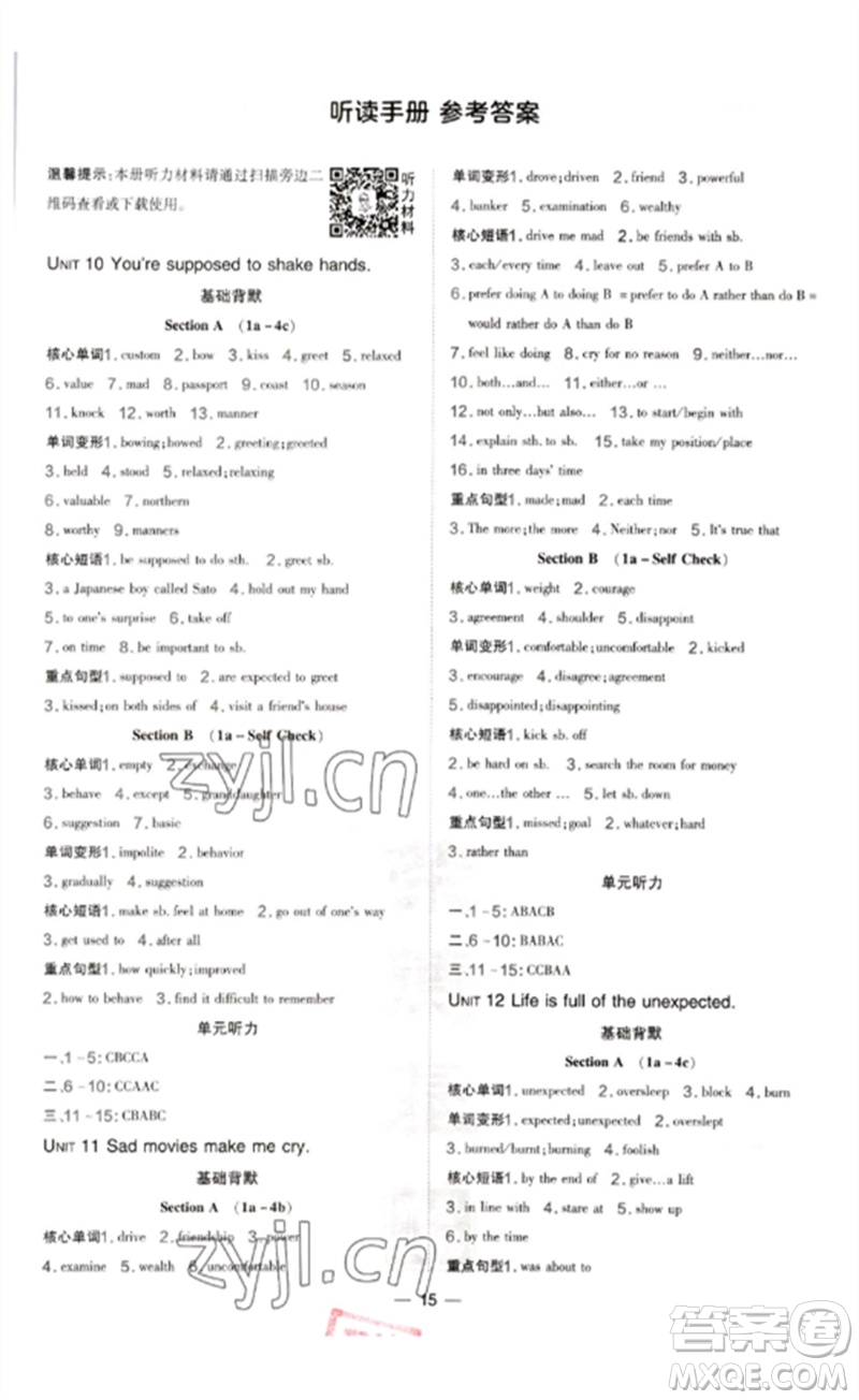 吉林教育出版社2023點(diǎn)撥訓(xùn)練九年級(jí)英語(yǔ)下冊(cè)人教版參考答案