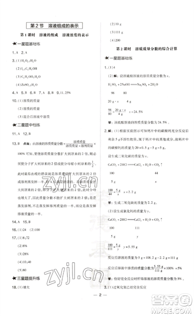 山西教育出版社2023點(diǎn)撥訓(xùn)練九年級(jí)化學(xué)下冊(cè)滬教版參考答案