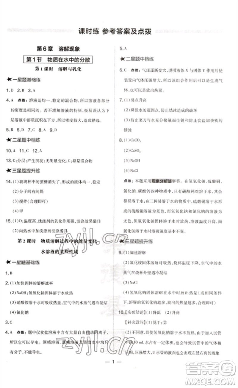 山西教育出版社2023點(diǎn)撥訓(xùn)練九年級(jí)化學(xué)下冊(cè)滬教版參考答案