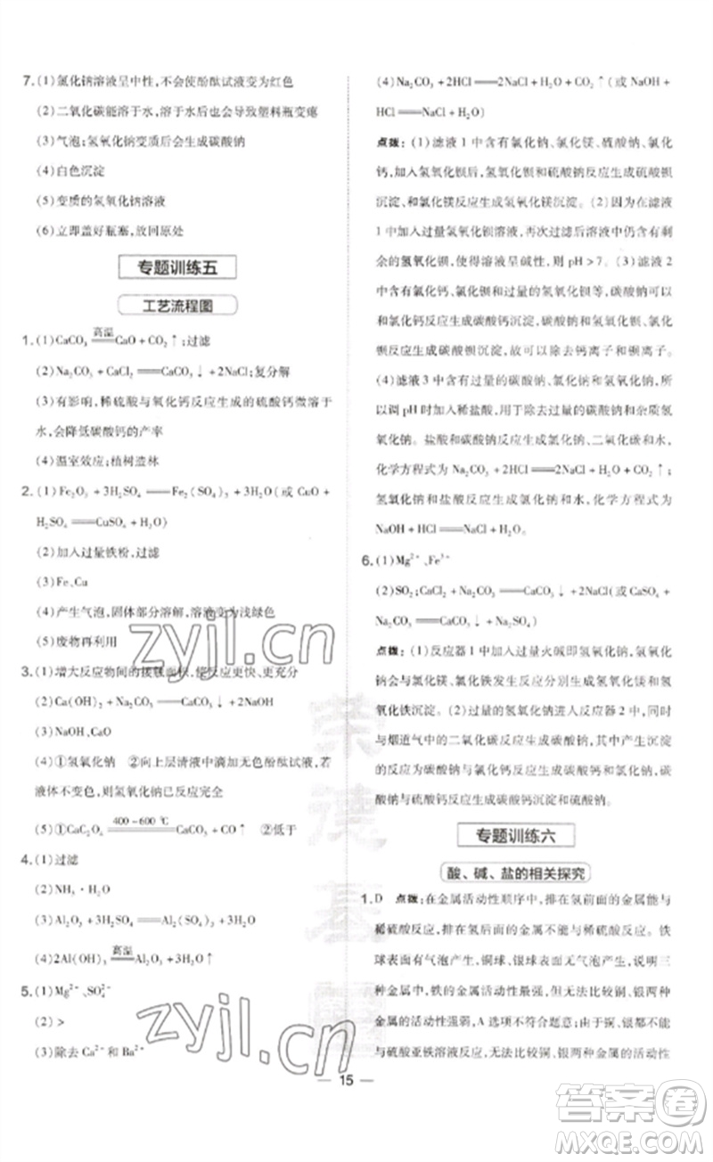 山西教育出版社2023點(diǎn)撥訓(xùn)練九年級(jí)化學(xué)下冊(cè)滬教版參考答案