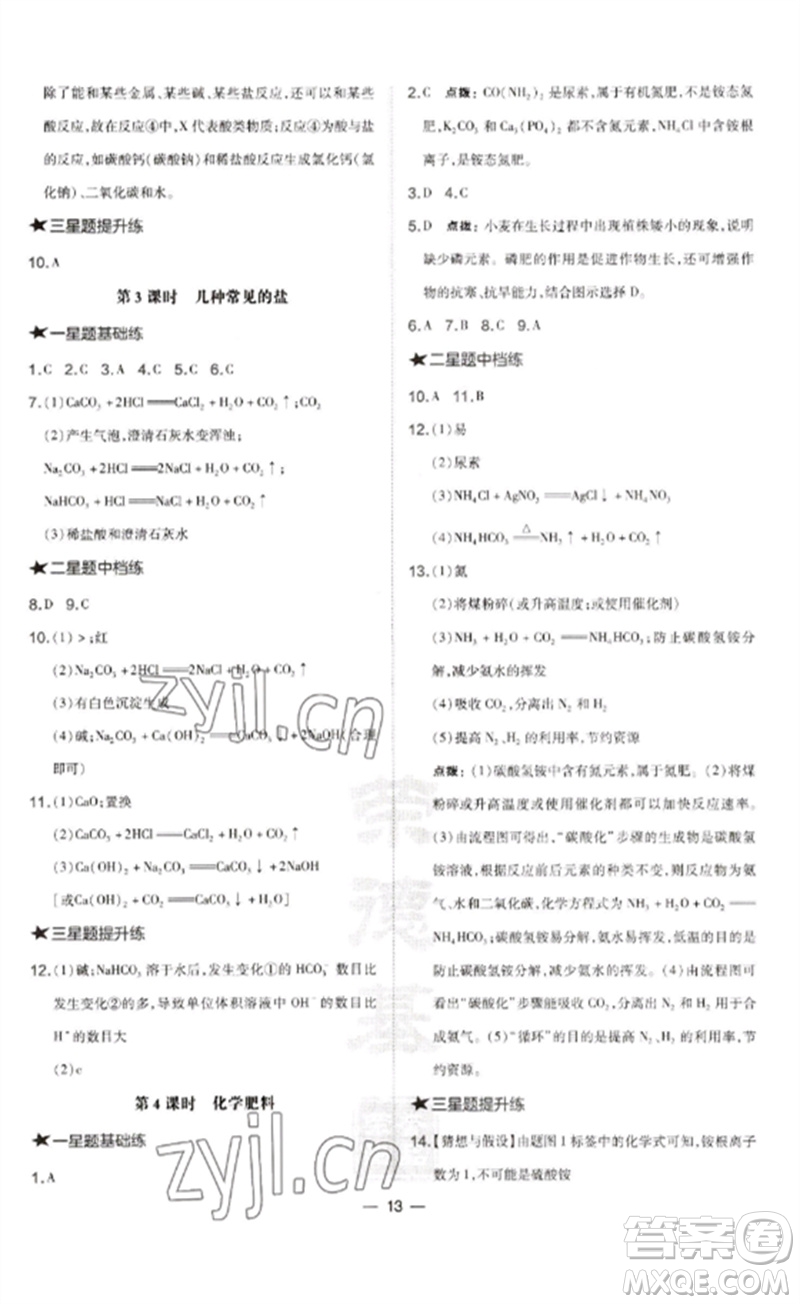 山西教育出版社2023點(diǎn)撥訓(xùn)練九年級(jí)化學(xué)下冊(cè)滬教版參考答案