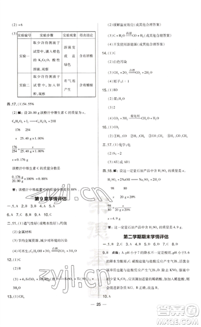 山西教育出版社2023點(diǎn)撥訓(xùn)練九年級(jí)化學(xué)下冊(cè)滬教版參考答案