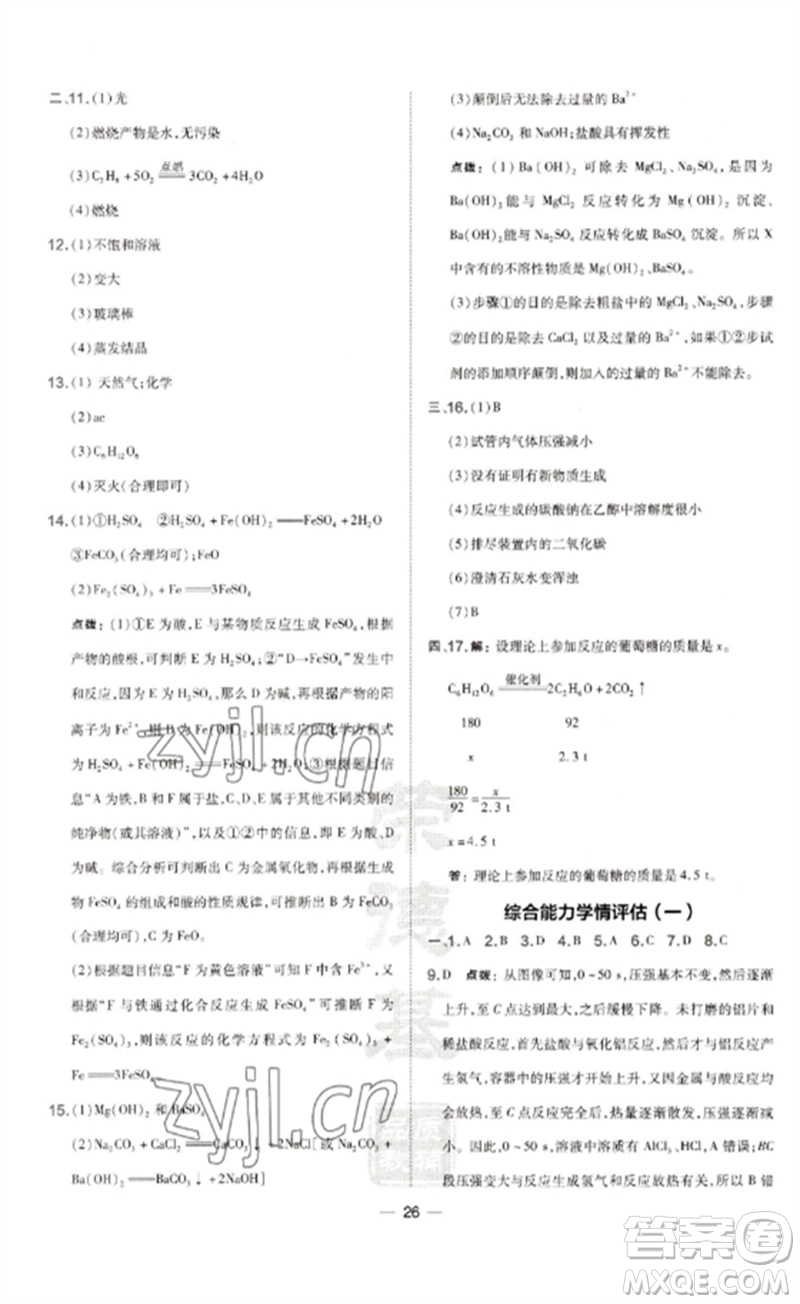 山西教育出版社2023點(diǎn)撥訓(xùn)練九年級(jí)化學(xué)下冊(cè)滬教版參考答案