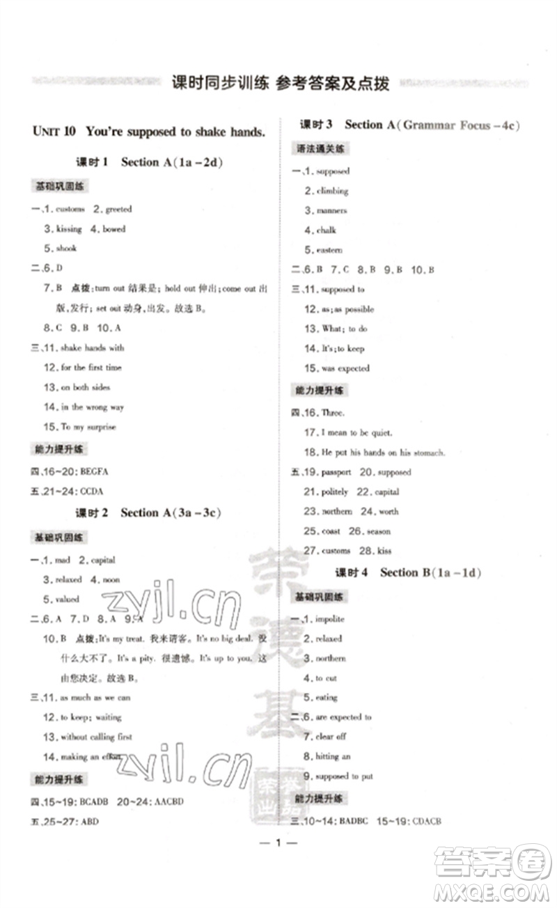 安徽教育出版社2023點(diǎn)撥訓(xùn)練九年級(jí)英語(yǔ)下冊(cè)人教版安徽專版參考答案