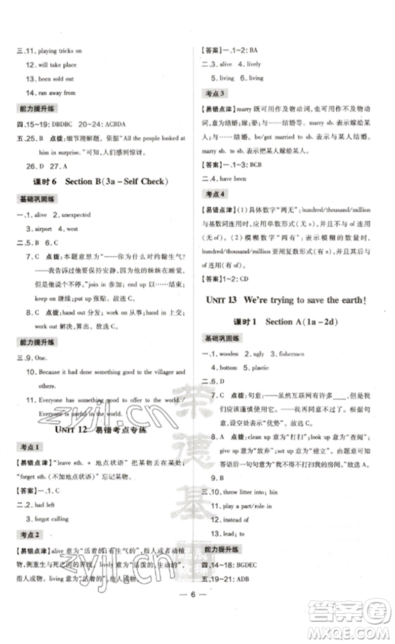 安徽教育出版社2023點(diǎn)撥訓(xùn)練九年級(jí)英語(yǔ)下冊(cè)人教版安徽專版參考答案