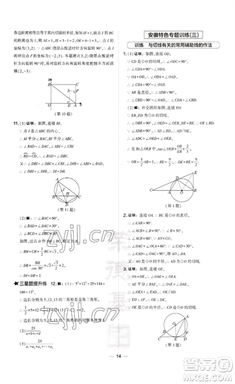 山西教育出版社2023點(diǎn)撥訓(xùn)練九年級(jí)數(shù)學(xué)下冊(cè)滬科版安徽專版參考答案