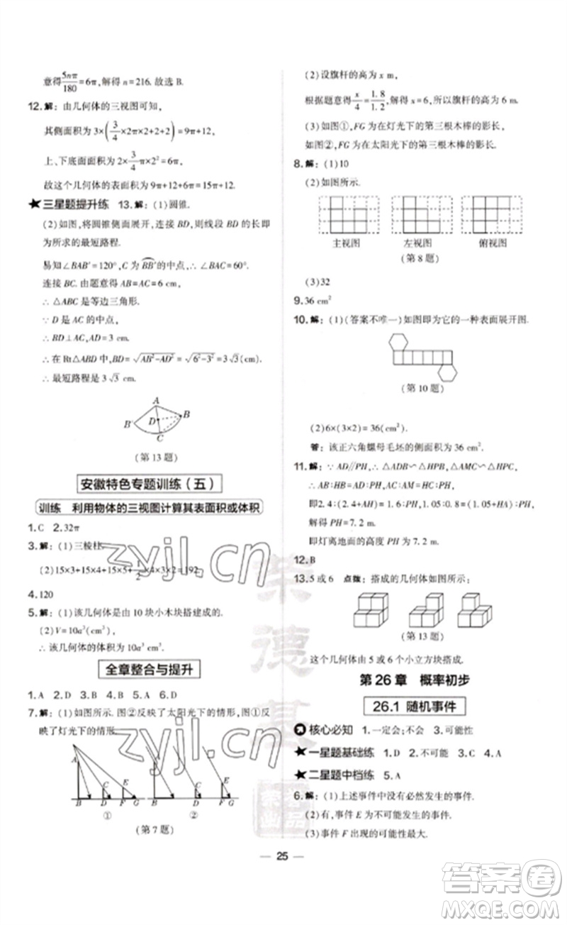 山西教育出版社2023點(diǎn)撥訓(xùn)練九年級(jí)數(shù)學(xué)下冊(cè)滬科版安徽專版參考答案