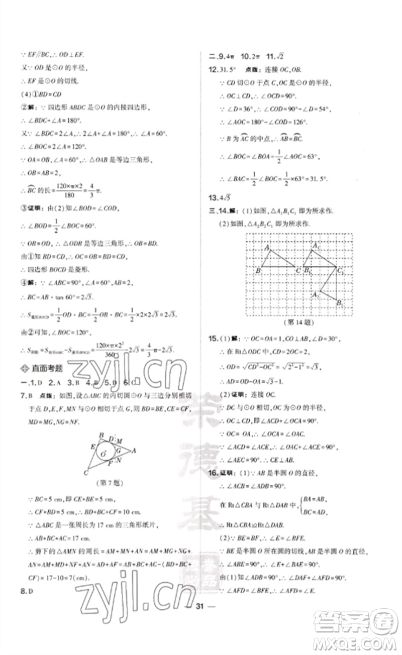 山西教育出版社2023點(diǎn)撥訓(xùn)練九年級(jí)數(shù)學(xué)下冊(cè)滬科版安徽專版參考答案