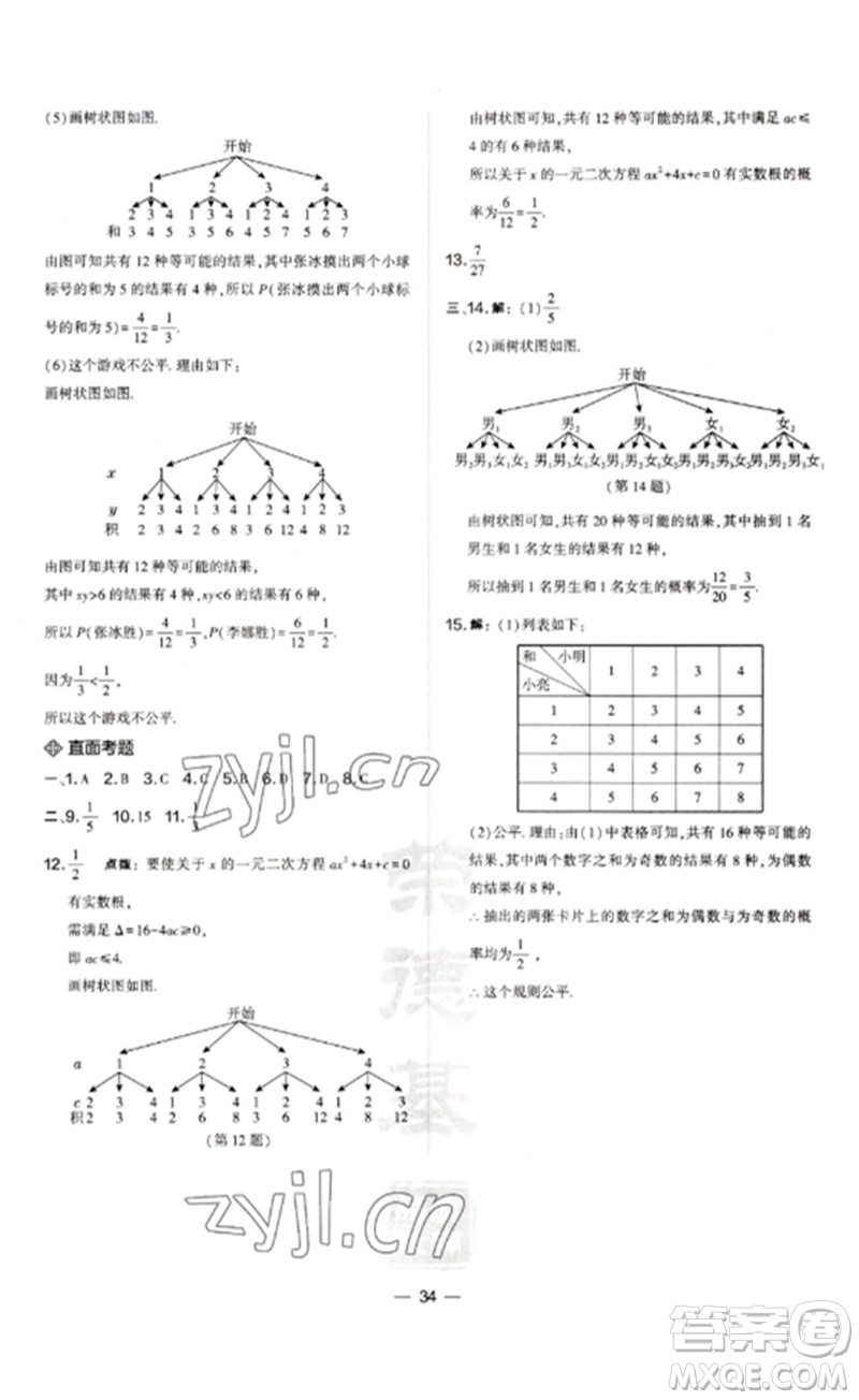 山西教育出版社2023點(diǎn)撥訓(xùn)練九年級(jí)數(shù)學(xué)下冊(cè)滬科版安徽專版參考答案