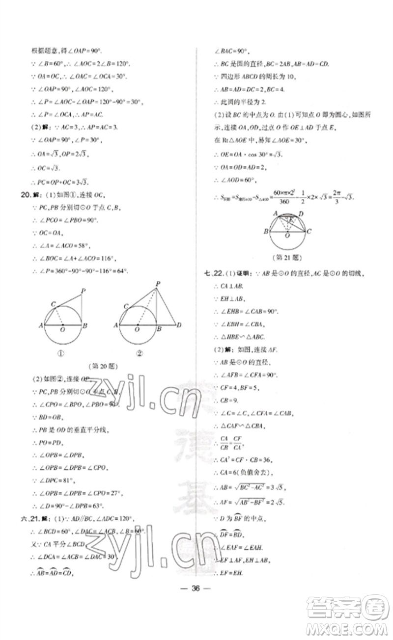 山西教育出版社2023點(diǎn)撥訓(xùn)練九年級(jí)數(shù)學(xué)下冊(cè)滬科版安徽專版參考答案