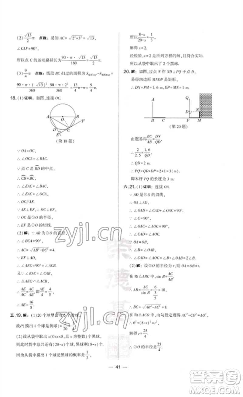 山西教育出版社2023點(diǎn)撥訓(xùn)練九年級(jí)數(shù)學(xué)下冊(cè)滬科版安徽專版參考答案