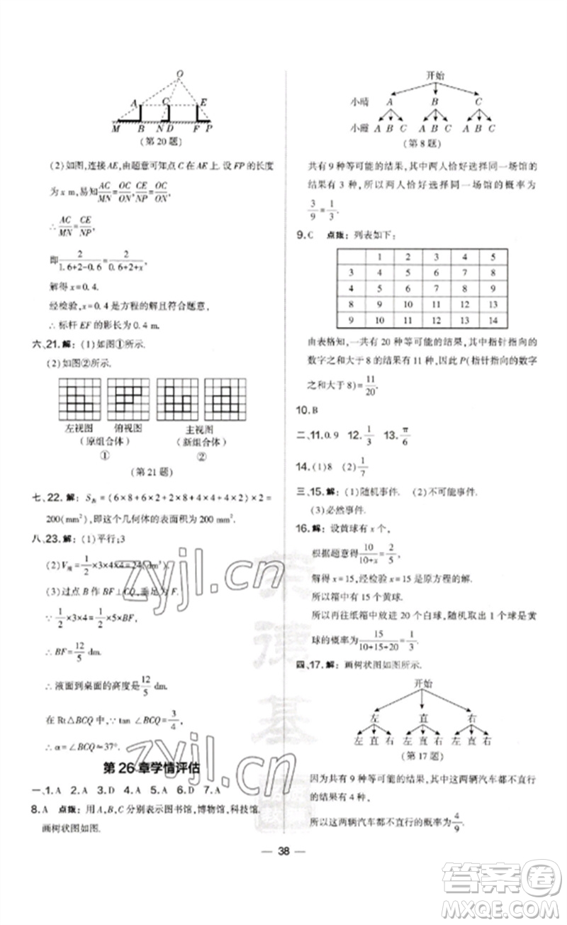 山西教育出版社2023點(diǎn)撥訓(xùn)練九年級(jí)數(shù)學(xué)下冊(cè)滬科版安徽專版參考答案