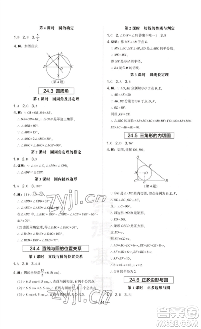 山西教育出版社2023點(diǎn)撥訓(xùn)練九年級(jí)數(shù)學(xué)下冊(cè)滬科版安徽專版參考答案