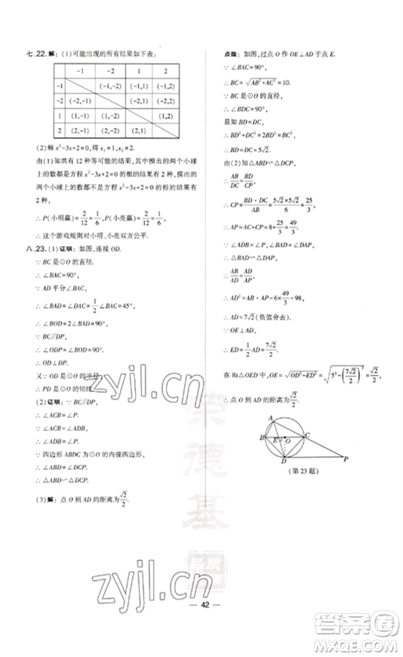 山西教育出版社2023點(diǎn)撥訓(xùn)練九年級(jí)數(shù)學(xué)下冊(cè)滬科版安徽專版參考答案