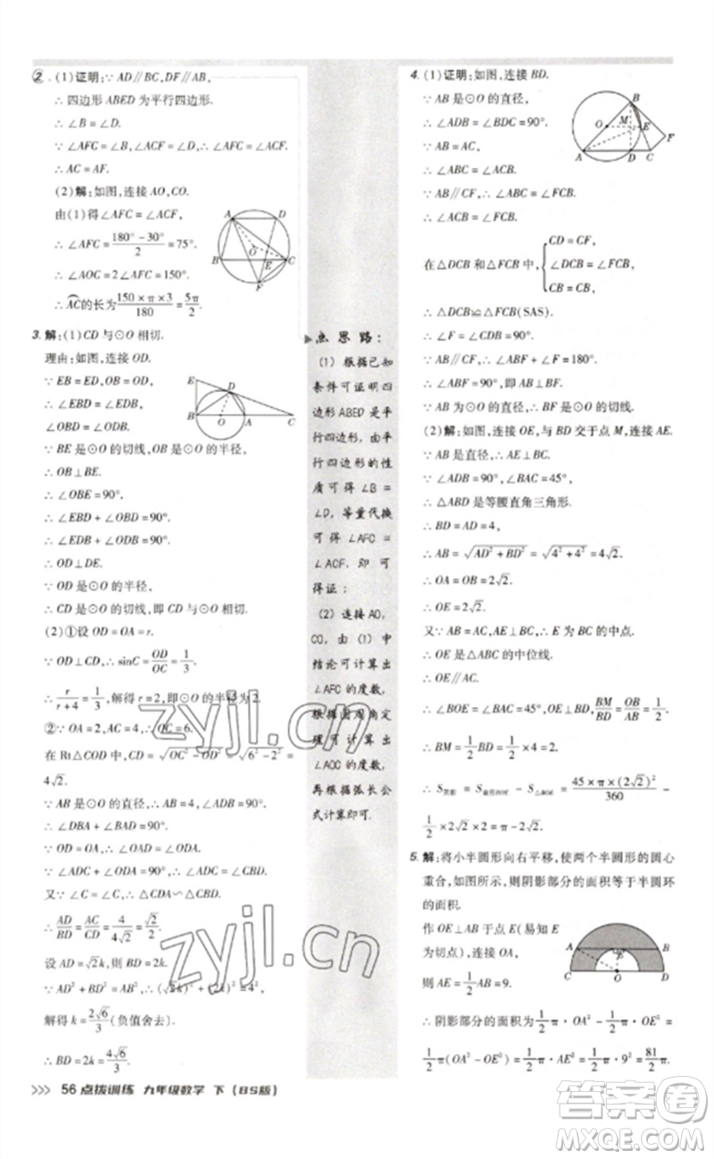 安徽教育出版社2023點(diǎn)撥訓(xùn)練九年級(jí)數(shù)學(xué)下冊(cè)北師大版參考答案