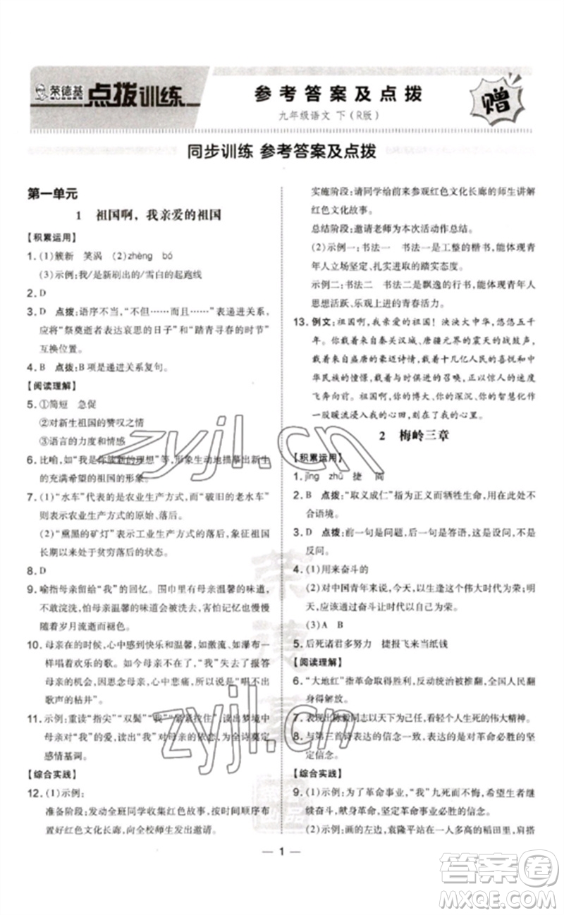 吉林教育出版社2023點撥訓(xùn)練九年級語文下冊人教版參考答案