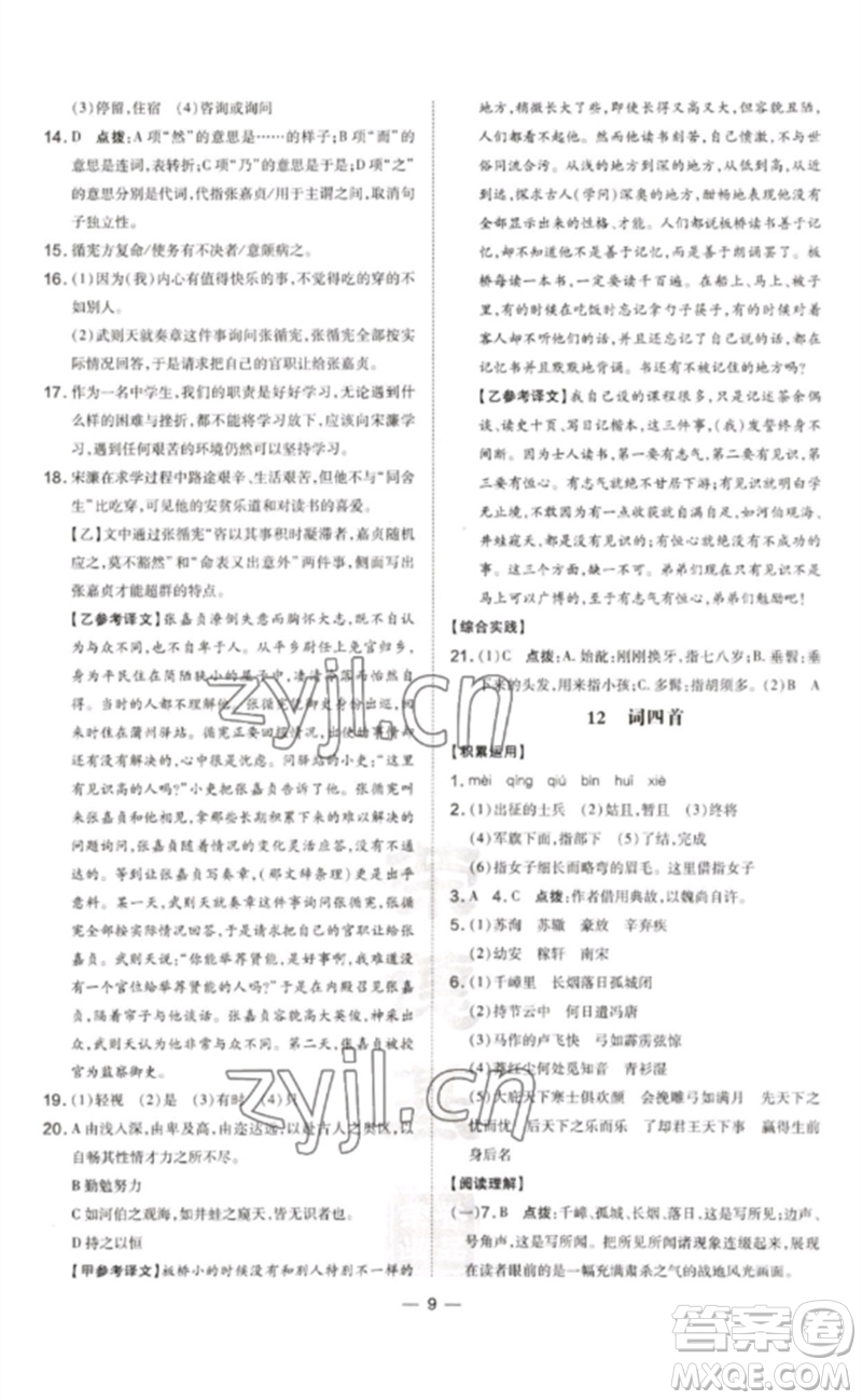 吉林教育出版社2023點撥訓(xùn)練九年級語文下冊人教版參考答案