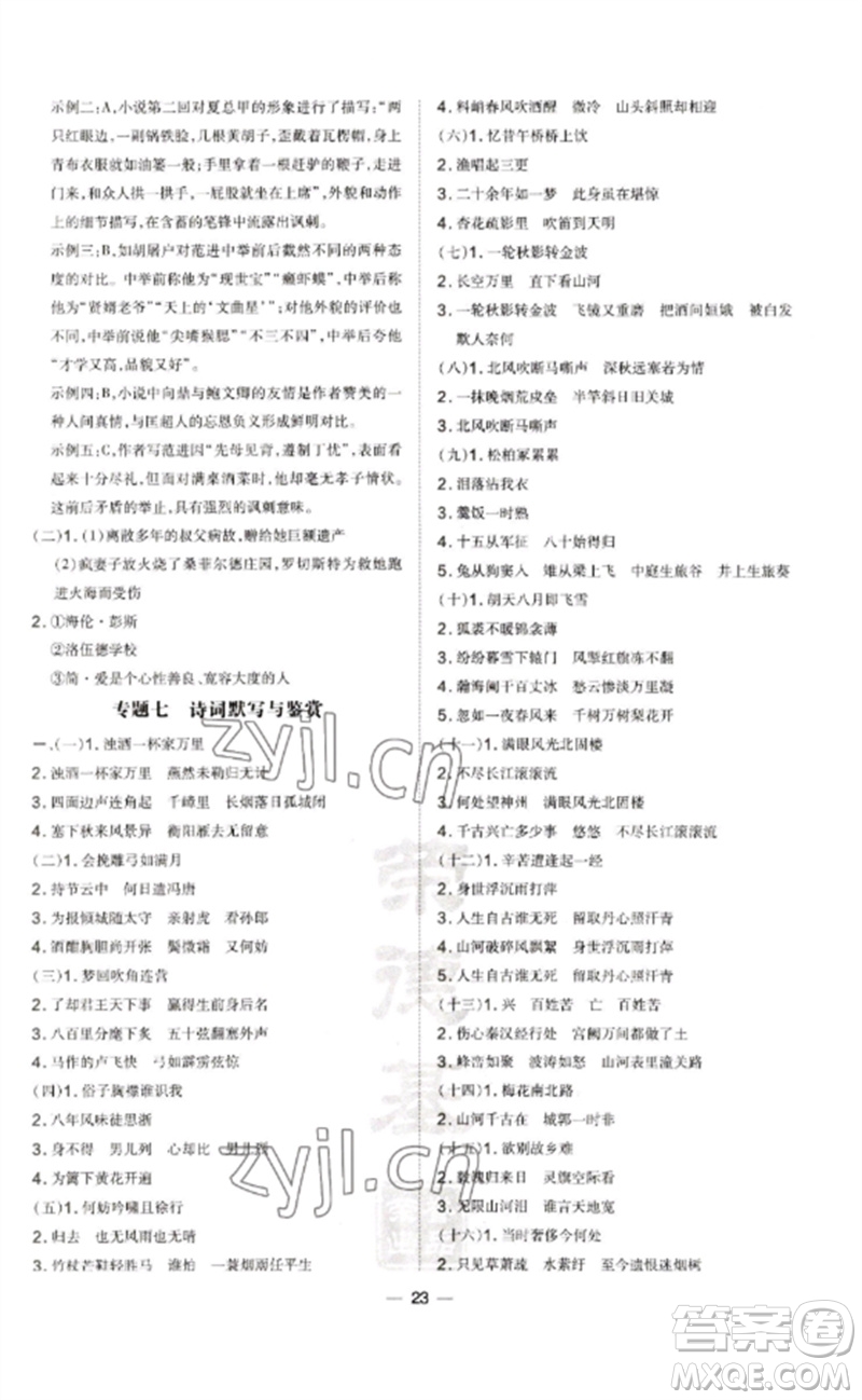 吉林教育出版社2023點撥訓(xùn)練九年級語文下冊人教版參考答案