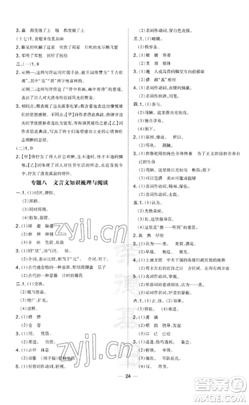 吉林教育出版社2023點撥訓(xùn)練九年級語文下冊人教版參考答案