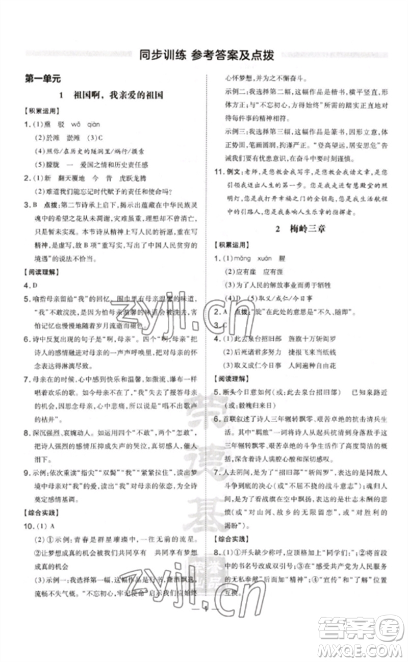 安徽教育出版社2023點(diǎn)撥訓(xùn)練九年級(jí)語文下冊(cè)人教版安徽專版參考答案
